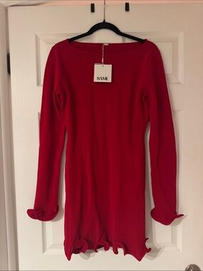 SAME Red Long-Sleeve Ruffle-Hem mini dress
